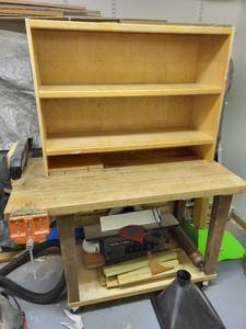 lot 278 image: Work Table with Shelving, Porter Cable Joiner, Power Strip, and Clamp