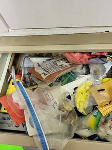 lot 285 image: Assorted Workshop Drawer Lot with Clamps, Cords, and Hardware