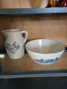 lot 376 image: Marshall Pottery Stoneware Pitcher and Mixing Bowl with Blue Floral Design