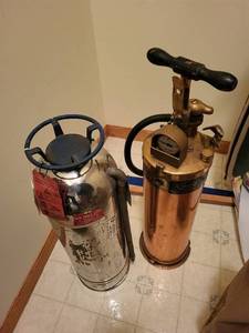 lot 377 image: Lot of 2 Vintage Fire Extinguishers including Pyrene Brass Model