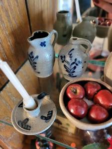 lot 398 image: Collection of Miniature Stoneware Pottery with Blue Designs and Fruit Accents