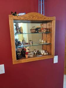 lot 399 image: Wall-Mounted Oak Display Cabinet with Glass Door and Shelves 21x6x22 Inches