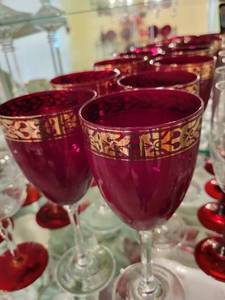 lot 400 image: Red Stemmed Vintage Glassware Collection with Gold Details