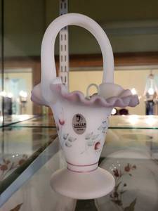 lot 406 image: Fenton Hand-Painted Satin Glass Basket with Floral Design