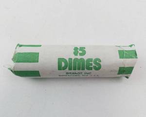 lot 62 image: 1 roll of 50 mixed date silver dimes,  Approx, 3.6 oz silver