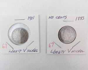 lot 67 image: 1883 Liberty V Nickel No Cents variety plus 1901 V nickel