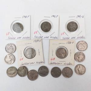lot 68 image: 3) silver war nickels plus assortment of common Buffalo and  early Jefferson nickels