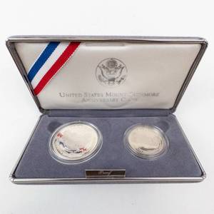 lot 76 image: Proof 1991 Mount Rushmore golden anniversary commemorative set.  90% silver dollar