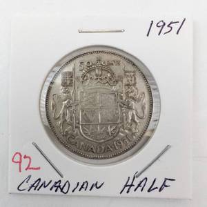 lot 92 image: 1951 Canadian Silver Half Dollar
