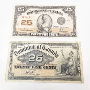 lot 112 image: Canadian Fractional Currency  1 Each Dominion of Canada 25 cents 1923 and 1900