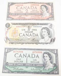 lot 115 image: 3) Canadian notes 1) 2 dollar bill series 1954, 1 dollar bill series 1954 and series 1973