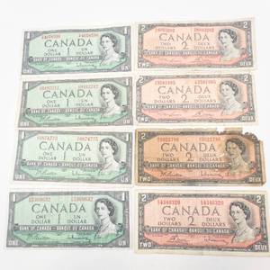lot 116 image: 8) Canadian notes, series 1954 4) 2 dollar bills, 4) 1 dollar bills