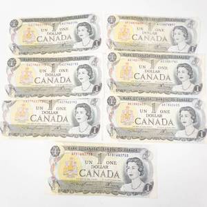 lot 117 image: 7) Canadian notes, series 1973 1 dollar bills
