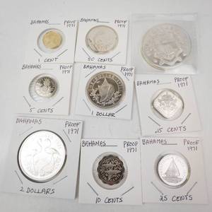 lot 118 image: Commonwealth of the Bahama Islands 9 piece 1971 proof set.  2.8723 oz  total silver weight
