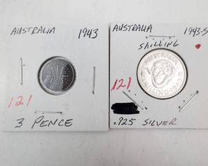 lot 121 image: Australia silver 1943-S 1 Shilling, 1943 3 pence