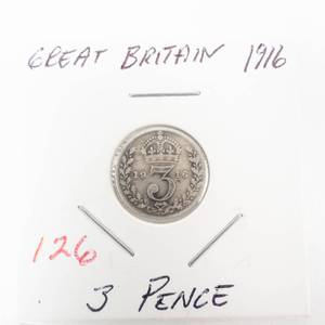 lot 126 image: Great Britian silver 1916 3 pence