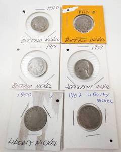 lot 174 image: 1 assortment of 6 different early nickels  2) liberty,  3) buffalo plus 1939 Jefferson