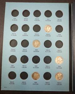 lot 187 image: 1 Mercury Dime collection in folder 32 different dates and mint marks 1918 thru 1945