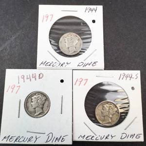 lot 197 image: 1944 P-D-S Mercury dimes