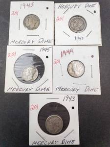 lot 201 image: 5) 1940s Mercury dimes