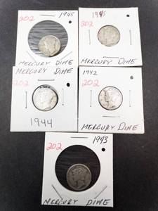 lot 202 image: 5) 1940s Mercury dimes