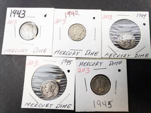 lot 203 image: 5) 1940s Mercury dimes
