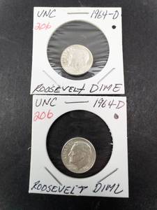 lot 206 image: 2) 1964-D uncirculated Roosevelt dimes
