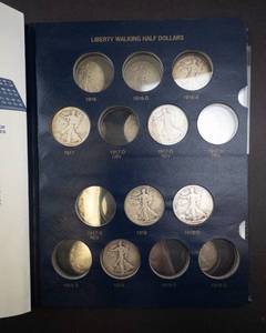 lot 239 image: collection of 27 different date Walking Liberty Half dollars in nice Whitman album