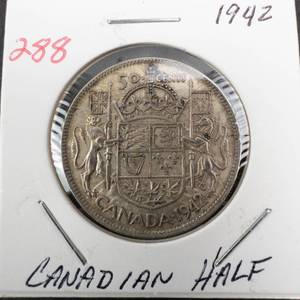 lot 288 image: 1942 Canadian Silver Half Dollar