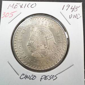 lot 305 image: 1948 Mexico Cinco Pesos .8681 oz silver