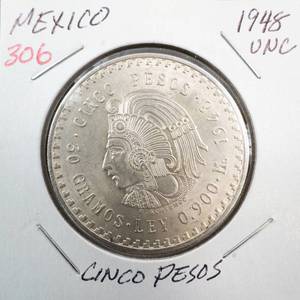 lot 306 image: 1948 Mexico Cinco Pesos .8681 oz silver