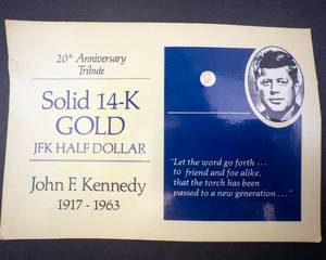 lot 311 image: 20th Anniversary JFK half dollar tribute 14KT gold miniature, .0049 oz of .999 gold