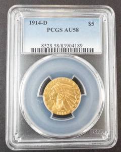 1914-D PCGS AU58 $5 Sealed Indian Head Gold Coin