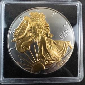lot 65G image: 2018 American Silver Eagle -24k Gold Gilded Highlight in Case