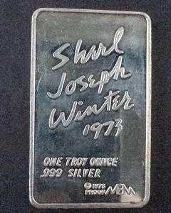 lot 68I image: 1973 Shirl Joseph Winter Abundance 1 Oz .999 Silver Bar in Case