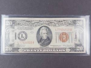 lot 69A image: $20 Federal Reserve Note 1934A HAWAII Brown Seal in Sleeve