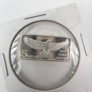 lot 68Y image: Monarch Precious Metals 5 Grams .999 Fine Silver Bar