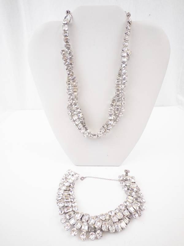 lot 6 image: Eisenberg Ice Necklace & Bracelet Set - Clear Crystal Stones, Silver Tone