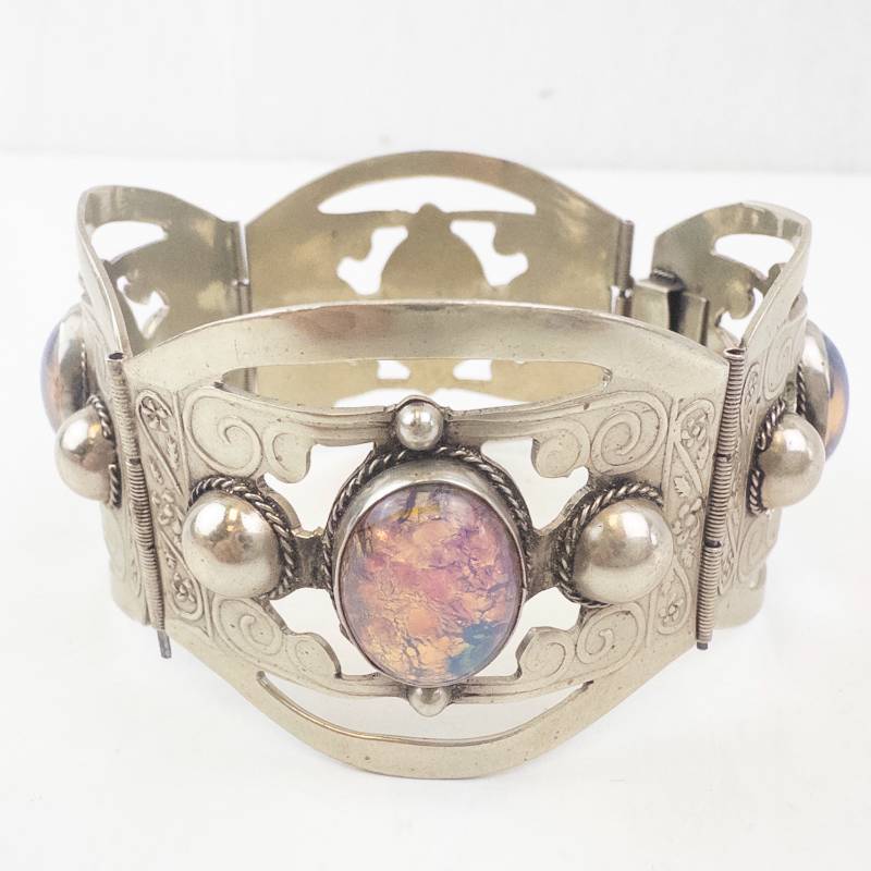 lot 10 image: Taxco Mexican Sterling Silver Opal Cabochon Panel Bracelet - Filigree