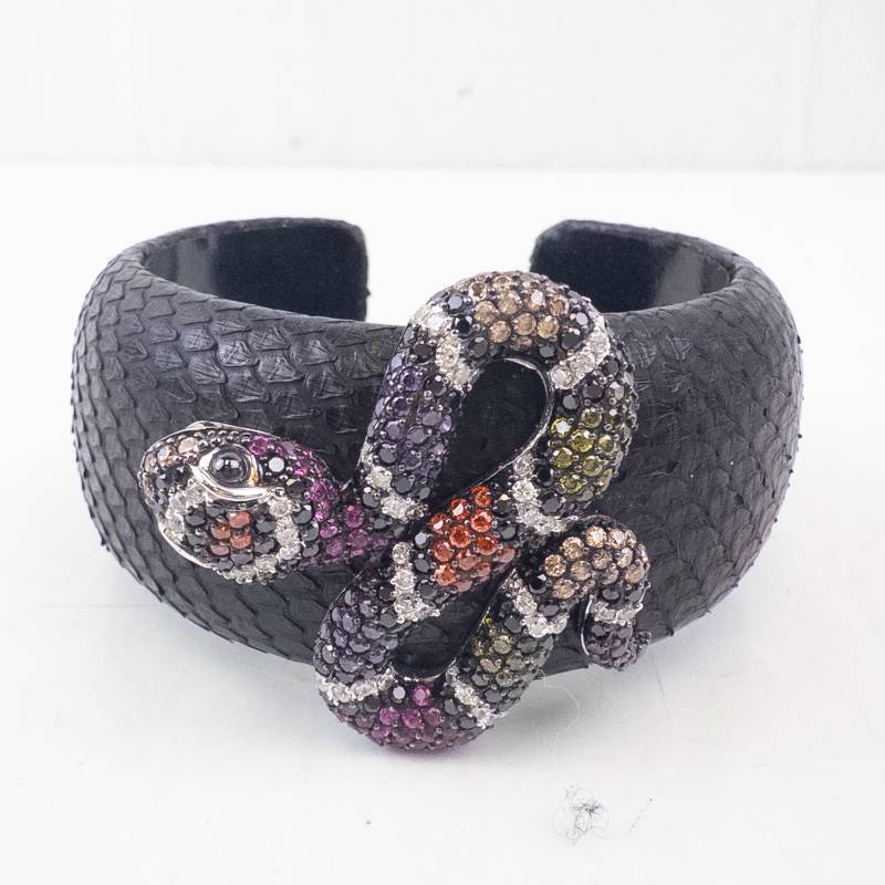 lot 16 image: Sterling Multi-Colored CZ Leather Cuff Bracelet