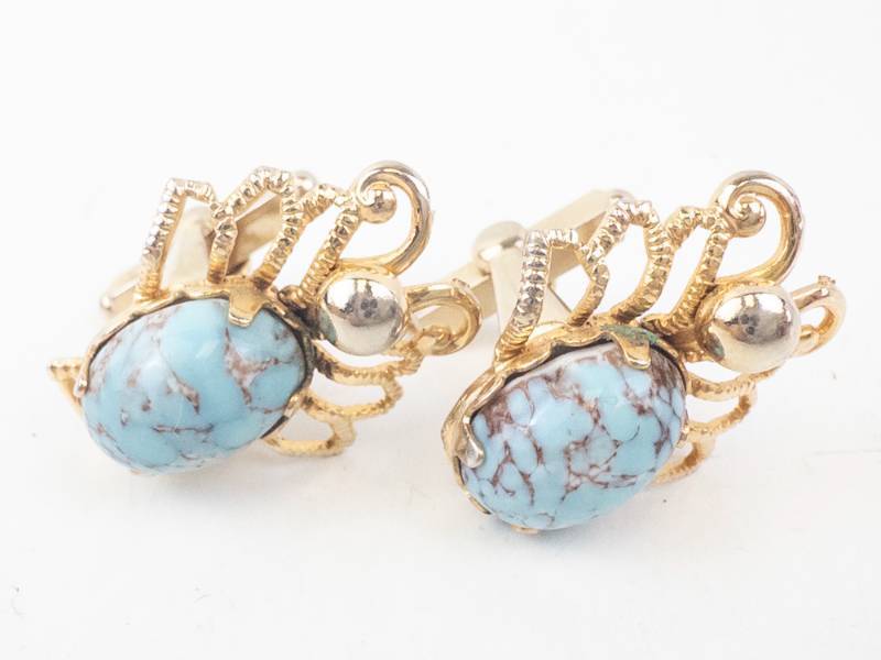 lot 18 image: Cufflinks - Turquoise Cabochon Inlay in Gold Tone Pair