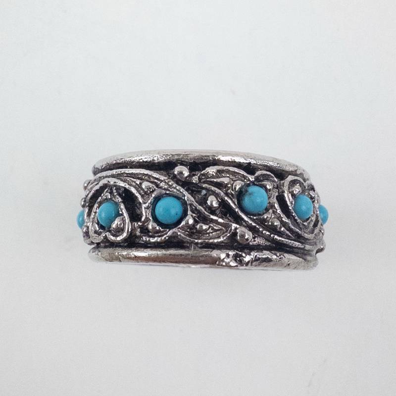 lot 38 image: Turquoise Cabochon Filigree Ring - Silver-Tone, Size 6