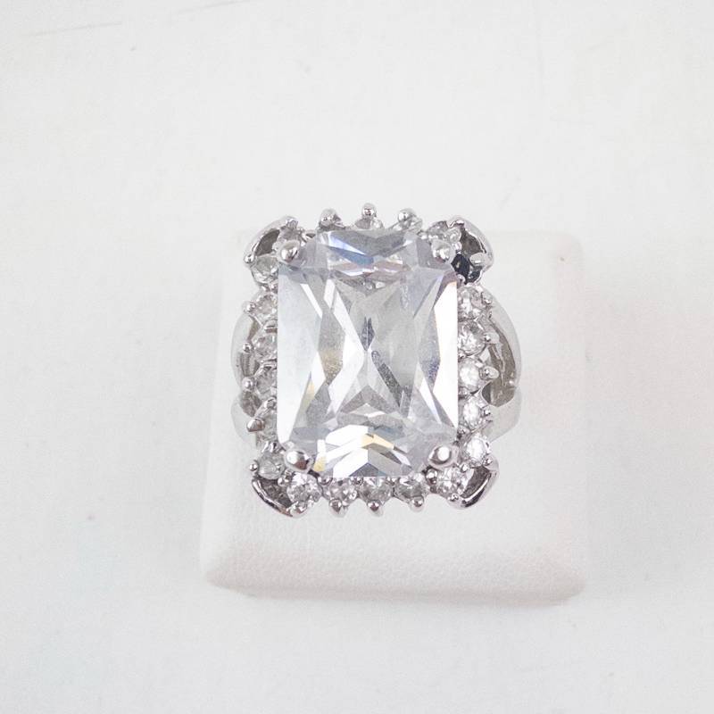 lot 40 image: CZ Cocktail Ring - Silver Tone, Emerald-Cut Center with Halo - Size 5