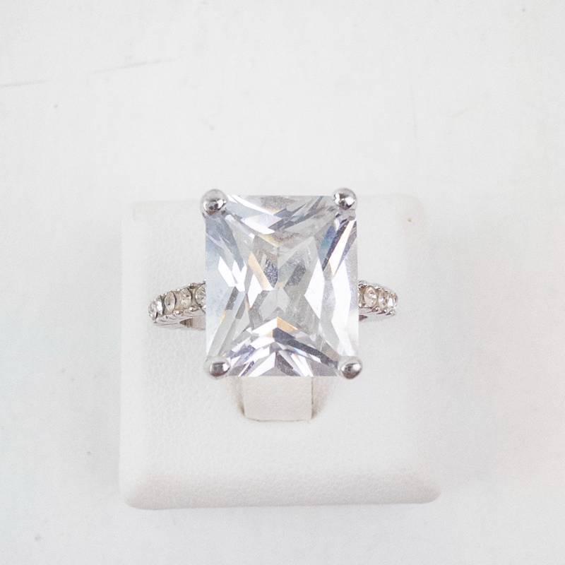 lot 41 image: CZ Emerald-Cut Ring - Silver Tone with Pav Band