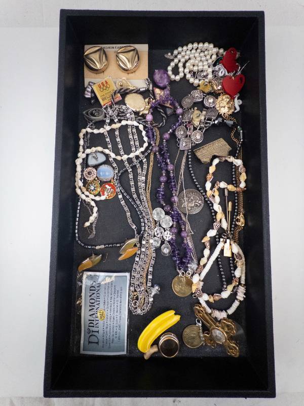 lot 62 image: Costume Jewelry Lot - Necklaces, Beads, Charms, Rings & Earrings