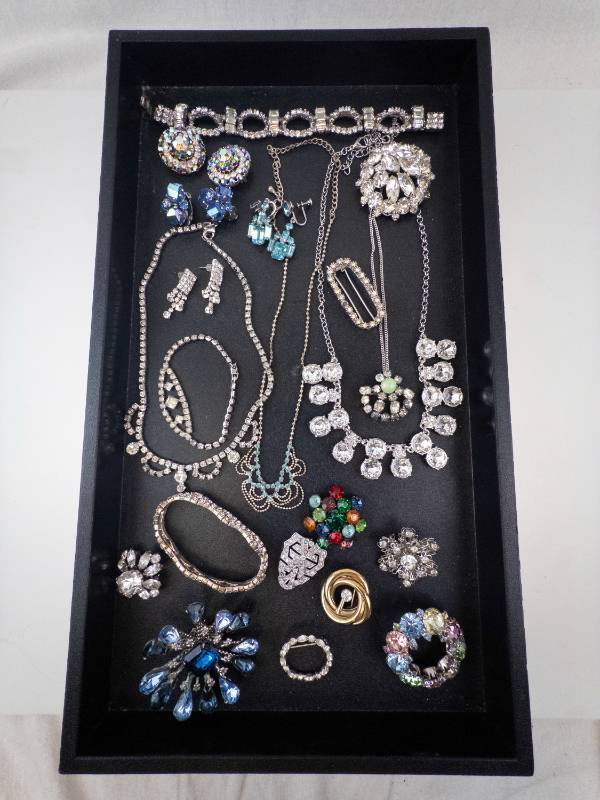 lot 69 image: Costume Jewelry Lot - Rhinestone Necklaces, Earrings, Bracelets & Brooches