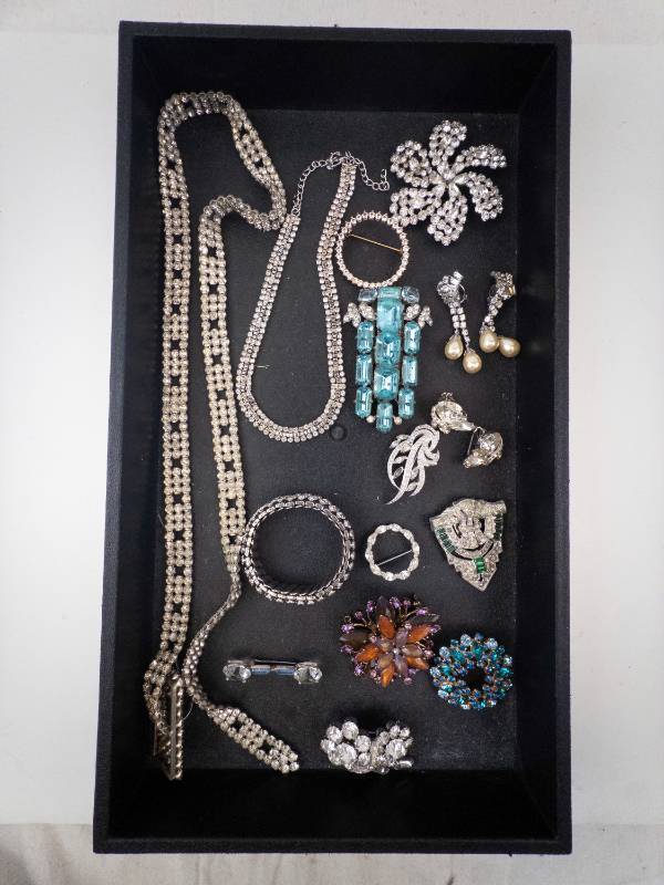 lot 70 image: Rhinestone Vintage Jewelry Collection - Necklaces, Bracelets, Earrings, Brooches