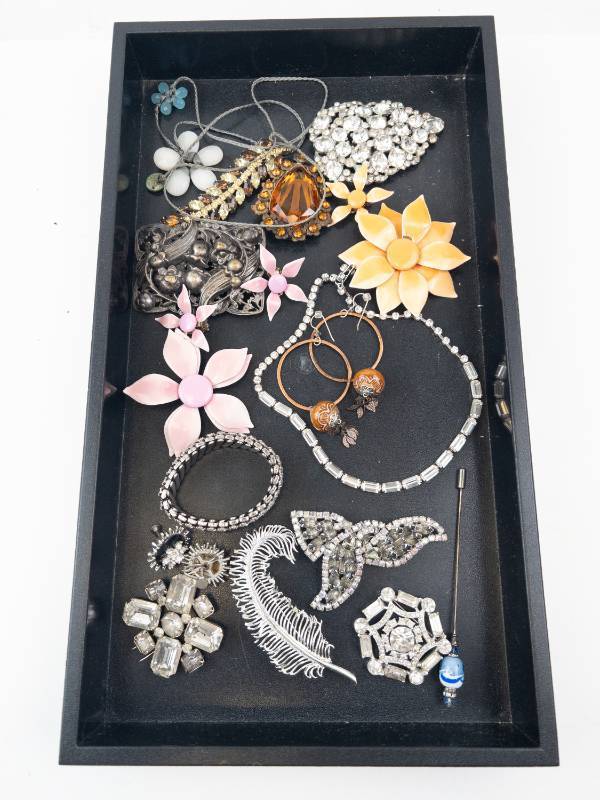 lot 101 image: Assorted Costume Jewelry Lot - Floral Pins, Rhinestones, Bracelets, Necklaces & Earrings