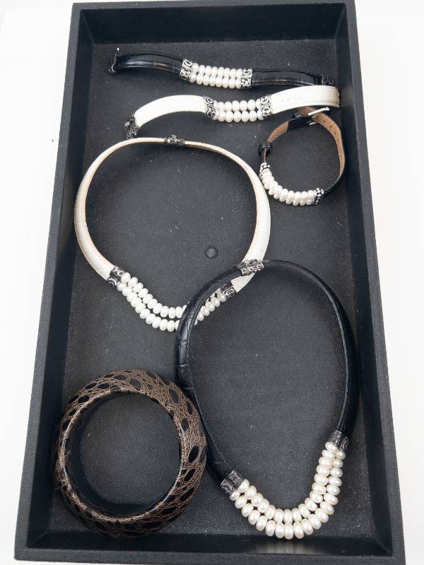 lot 103 image: Pearl Bead Bracelets & Bangle Set - Leather Straps, Silver End Caps