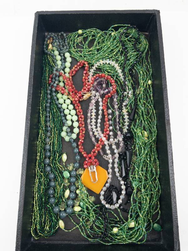 lot 107 image: Beaded Necklace Lot - Green, Red, Clear Crystals & Orange Pendant